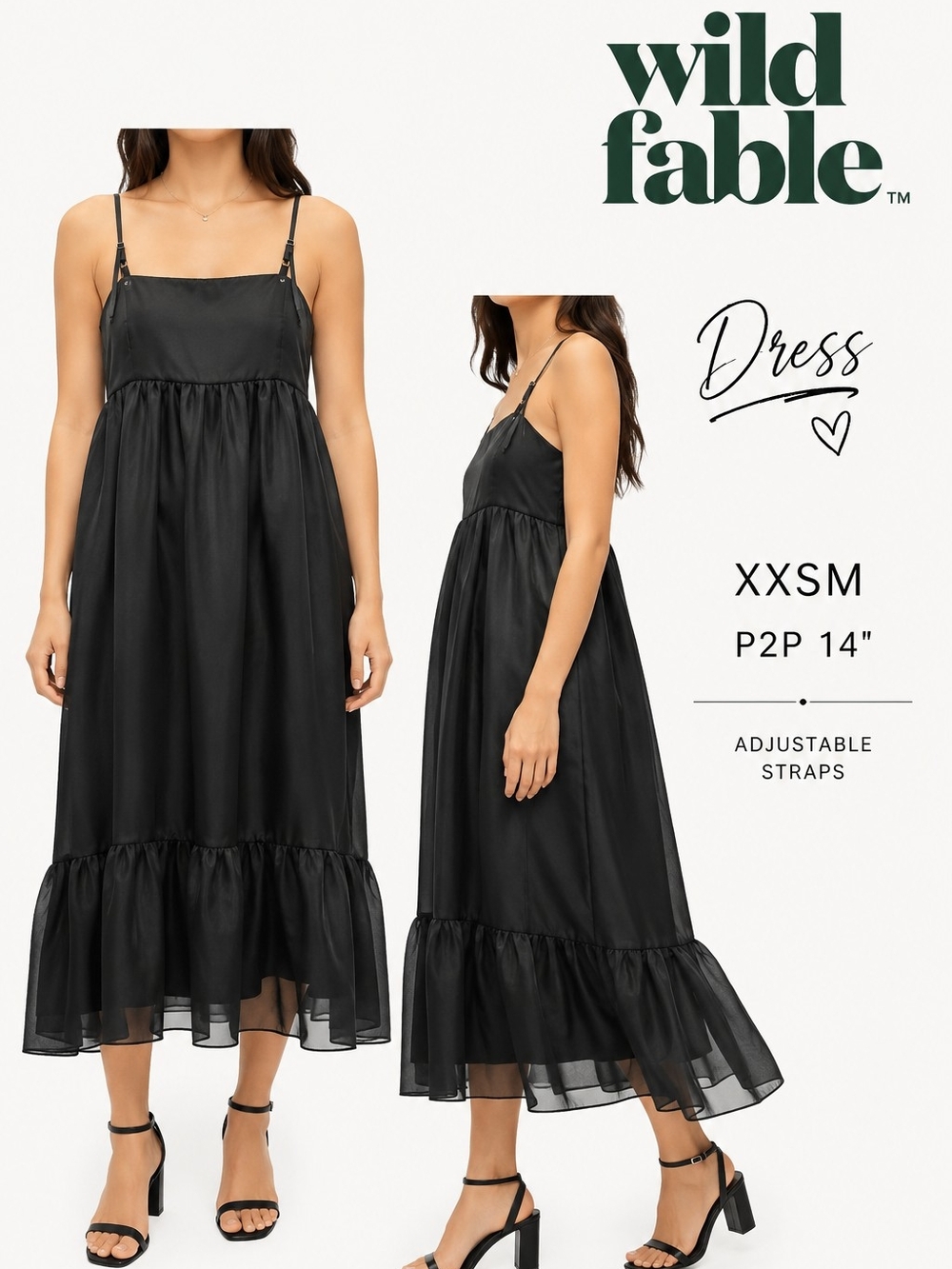 wild fable Black Ruffle-Hem Midi Slip Dress